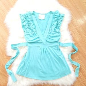 Teal V-Neck Top w/ a Banded Waist & Ruffle Sleeves